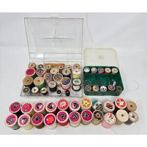 Vintage Wood Thread Spool Lot of 56 with 2 Plastic Cases Cotton Polyester